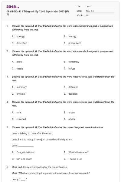 Đề thi Giữa kì 1 Tiếng anh lớp 12 có đáp án năm 2023 (Đề 1)
