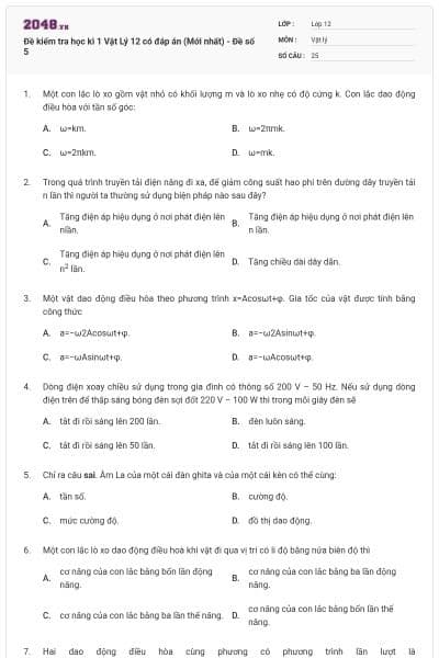 Đề kiểm tra học kì 1 Vật Lý 12 có đáp án (Mới nhất) - Đề số 5