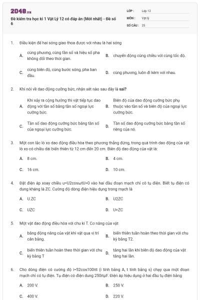 Đề kiểm tra học kì 1 Vật Lý 12 có đáp án (Mới nhất) - Đề số 6
