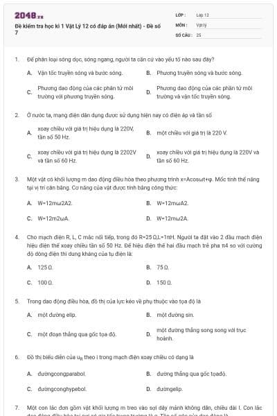 Đề kiểm tra học kì 1 Vật Lý 12 có đáp án (Mới nhất) - Đề số 7