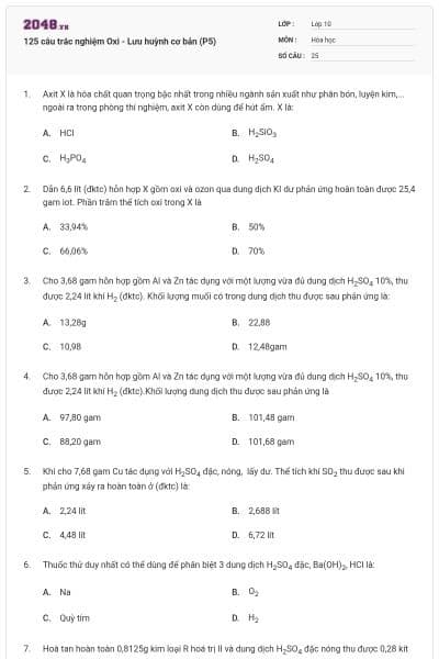 125 câu trắc nghiệm Oxi - Lưu huỳnh cơ bản (P5)