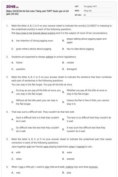 [Năm 2022] Đề thi thử môn Tiếng anh THPT Quốc gia có lời giải (20 đề)
