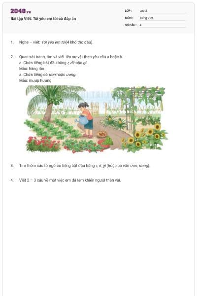 Bài tập Viết: Tôi yêu em tôi có đáp án