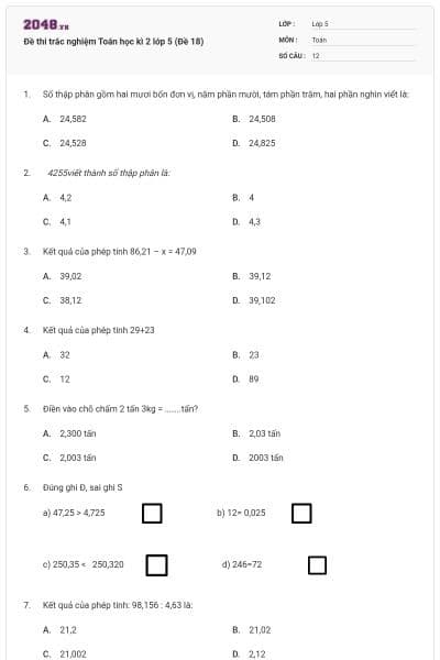 Đề thi trắc nghiệm Toán học kì 2 lớp 5 (Đề 18)