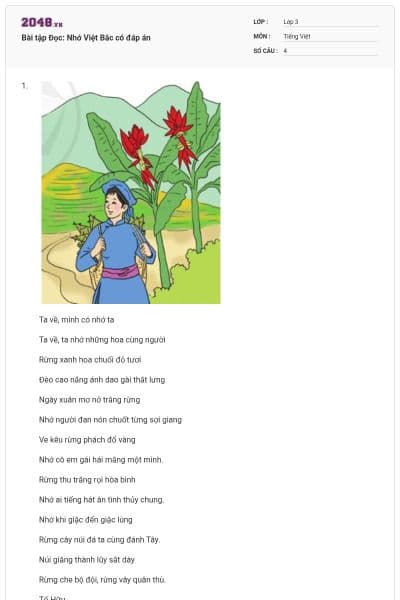 Bài tập Đọc: Nhớ Việt Bắc có đáp án