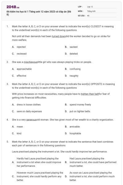 Đề kiểm tra học kì 1 Tiếng anh 12 năm 2023 có đáp án (Đề 8)