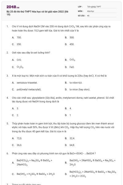 Bộ 25 đề thi thử THPT Hóa học có lời giải năm 2022 (Đề 19)