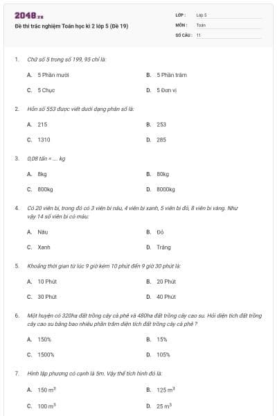 Đề thi trắc nghiệm Toán học kì 2 lớp 5 (Đề 19)
