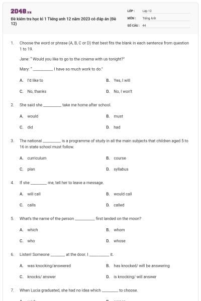 Đề kiểm tra học kì 1 Tiếng anh 12 năm 2023 có đáp án (Đề 12)