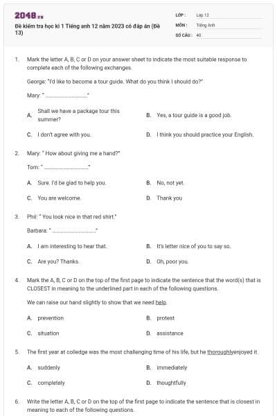 Đề kiểm tra học kì 1 Tiếng anh 12 năm 2023 có đáp án (Đề 13)