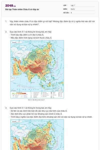 Bài tập Thiên nhiên Châu Á có đáp án
