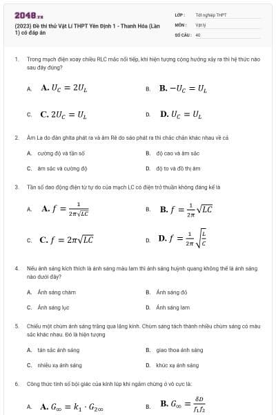 (2023) Đề thi thử Vật Lí THPT Yên Định 1 - Thanh Hóa (Lần 1) có đáp án