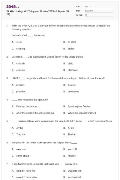 Đề kiểm tra học kì 1 Tiếng anh 12 năm 2023 có đáp án (Đề 14)