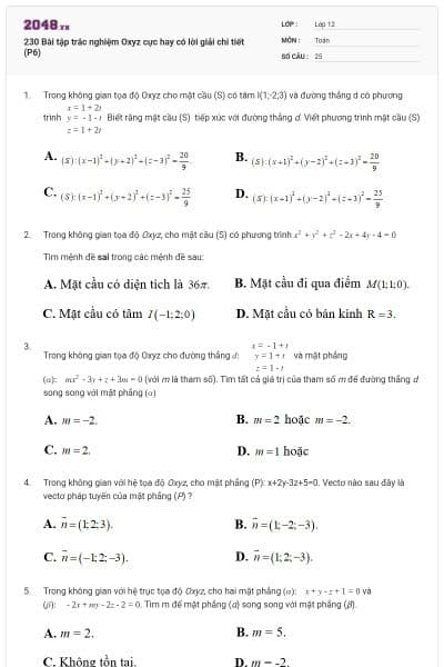 230 Bài tập trắc nghiệm Oxyz cực hay có lời giải chi tiết (P6)