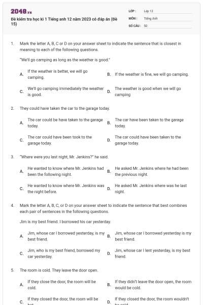 Đề kiểm tra học kì 1 Tiếng anh 12 năm 2023 có đáp án (Đề 15)