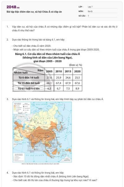 Bài tập Đặc điểm dân cư, xã hội Châu Á có đáp án