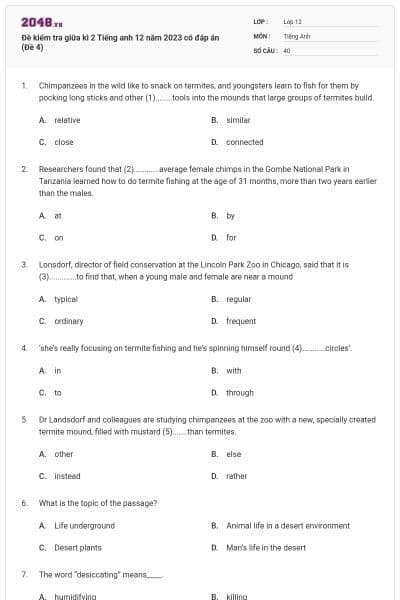 Đề kiểm tra giữa kì 2 Tiếng anh 12 năm 2023 có đáp án (Đề 4)
