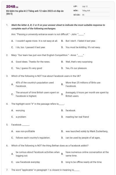 Đề kiểm tra giữa kì 2 Tiếng anh 12 năm 2023 có đáp án (Đề 5)