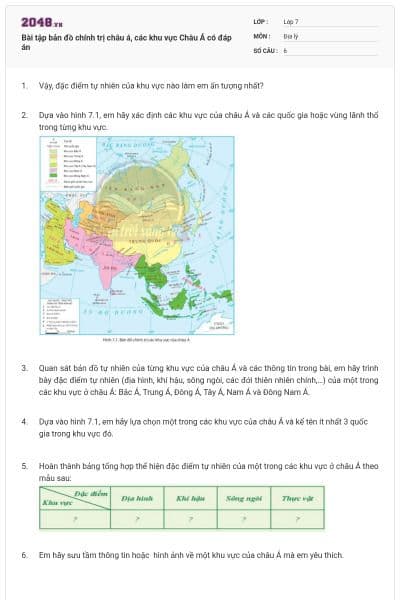 Bài tập bản đồ chính trị châu á, các khu vực Châu Á có đáp án
