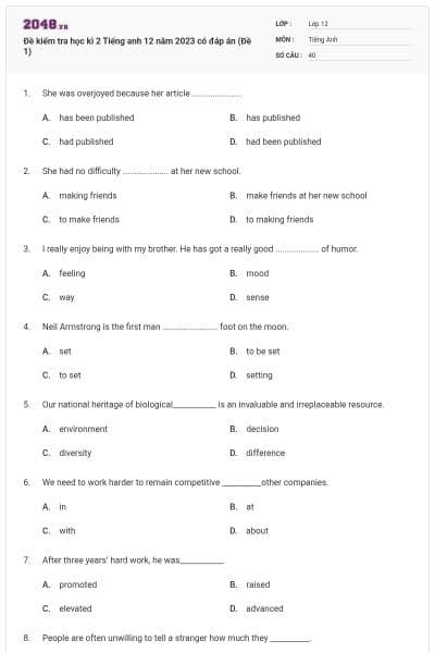 Đề kiểm tra học kì 2 Tiếng anh 12 năm 2023 có đáp án (Đề 1)