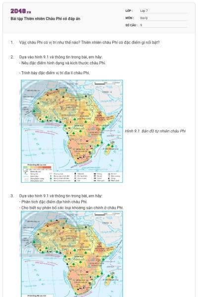 Bài tập Thiên nhiên Châu Phi có đáp án