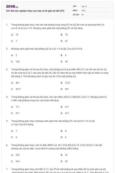 201 Bài trắc nghiệm Oxyz cực hay có lời giải chi tiết (P4)
