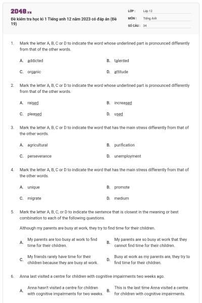 Đề kiểm tra học kì 1 Tiếng anh 12 năm 2023 có đáp án (Đề 19)