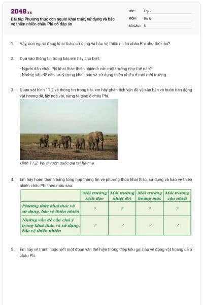 Bài tập Phương thức con người khai thác, sử dụng  và bảo vệ thiên nhiên châu Phi có đáp án