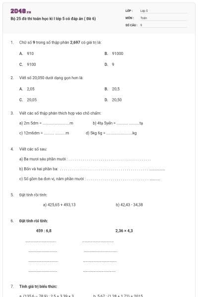 Bộ 25 đề thi toán học kì I lớp 5 có đáp án ( Đề 6)