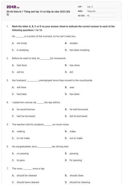 Đề thi Giữa kì 1 Tiếng anh lớp 12 có đáp án năm 2023 (Đề 5)