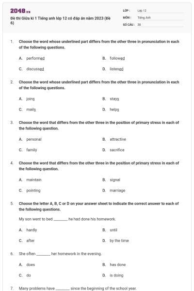 Đề thi Giữa kì 1 Tiếng anh lớp 12 có đáp án năm 2023 (Đề 6)