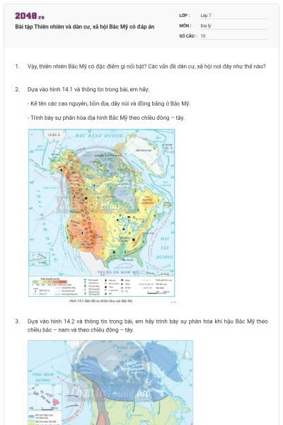 Bài tập Thiên nhiên và dân cư, xã hội Bắc Mỹ có đáp án