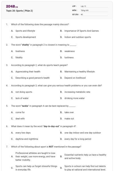 Topic 20: Sports ( Phần 2)
