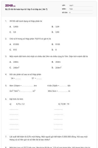 Bộ 25 đề thi toán học kì I lớp 5 có đáp án ( Đề 7)