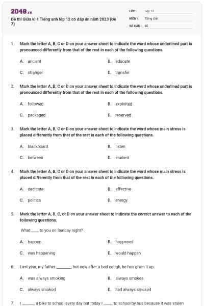 Đề thi Giữa kì 1 Tiếng anh lớp 12 có đáp án năm 2023 (Đề 7)