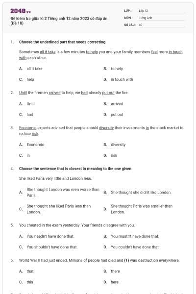 Đề kiểm tra giữa kì 2 Tiếng anh 12 năm 2023 có đáp án (Đề 10)