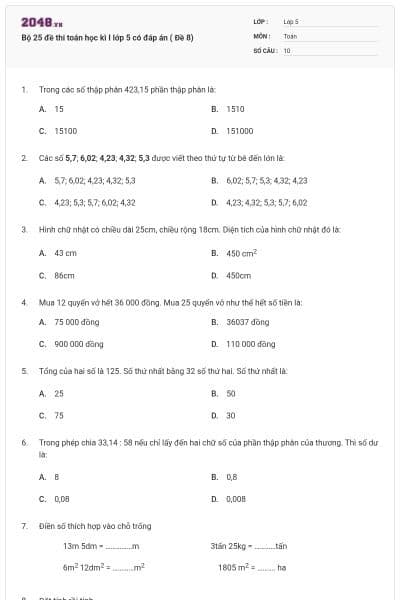 Bộ 25 đề thi toán học kì I lớp 5 có đáp án ( Đề 8)