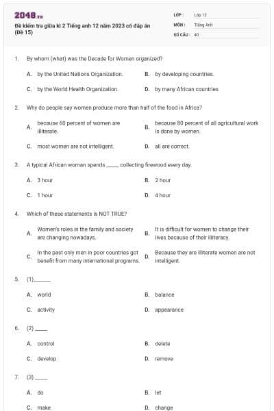 Đề kiểm tra giữa kì 2 Tiếng anh 12 năm 2023 có đáp án (Đề 15)