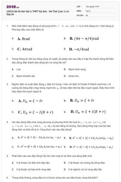 (2023) Đề thi thử Vật Lí THPT Kỳ Anh - Hà Tĩnh (Lần 1) có đáp án