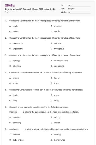 Đề kiểm tra học kì 1 Tiếng anh 12 năm 2023 có đáp án (Đề 21)