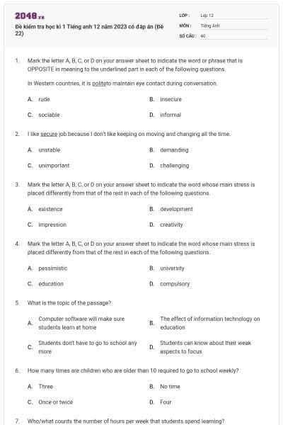 Đề kiểm tra học kì 1 Tiếng anh 12 năm 2023 có đáp án (Đề 22)