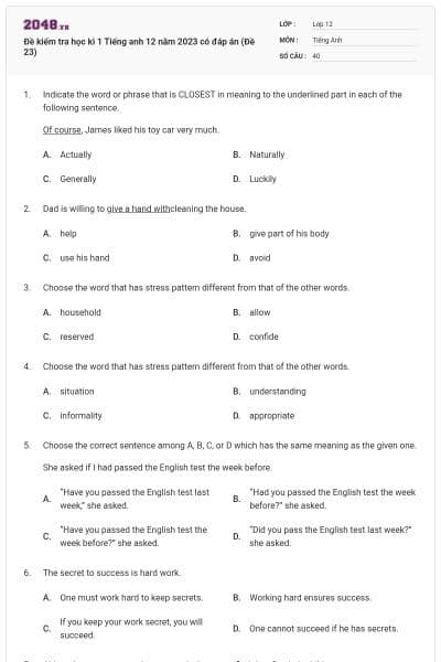 Đề kiểm tra học kì 1 Tiếng anh 12 năm 2023 có đáp án (Đề 23)