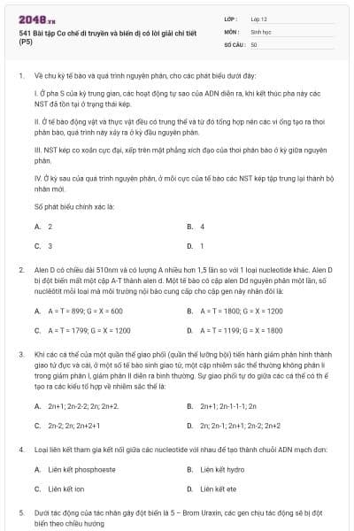 541 Bài tập Cơ chế di truyền và biến dị có lời giải chi tiết (P5)