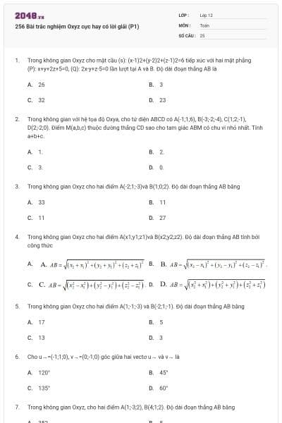 256 Bài trắc nghiệm Oxyz cực hay có lời giải (P1)