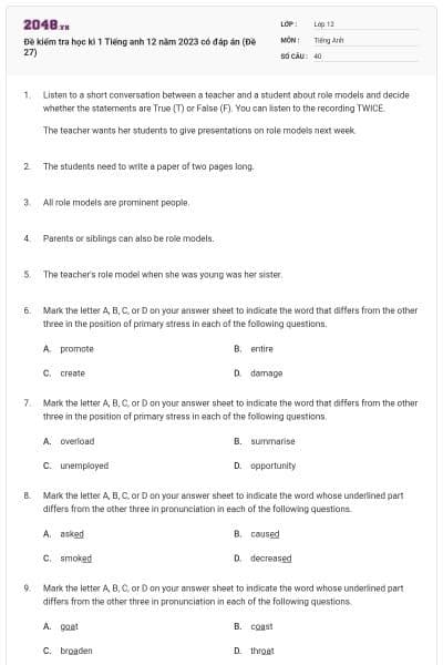 Đề kiểm tra học kì 1 Tiếng anh 12 năm 2023 có đáp án (Đề 27)