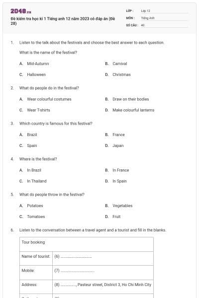 Đề kiểm tra học kì 1 Tiếng anh 12 năm 2023 có đáp án (Đề 28)