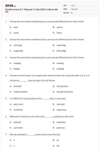 Đề kiểm tra học kì 1 Tiếng anh 12 năm 2023 có đáp án (Đề 29)