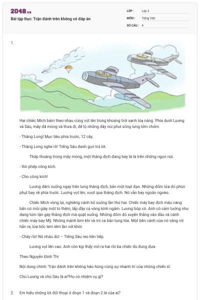 Bài tập Đọc: Trận đánh trên không có đáp án