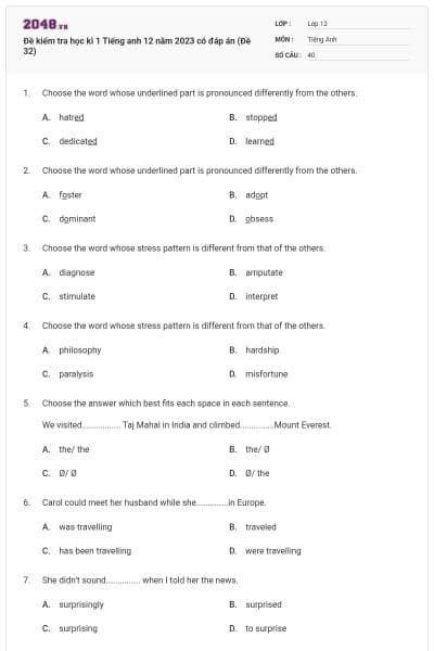 Đề kiểm tra học kì 1 Tiếng anh 12 năm 2023 có đáp án (Đề 32)