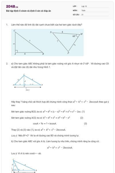Bài tập Định lí côsin và định lí sin có đáp án